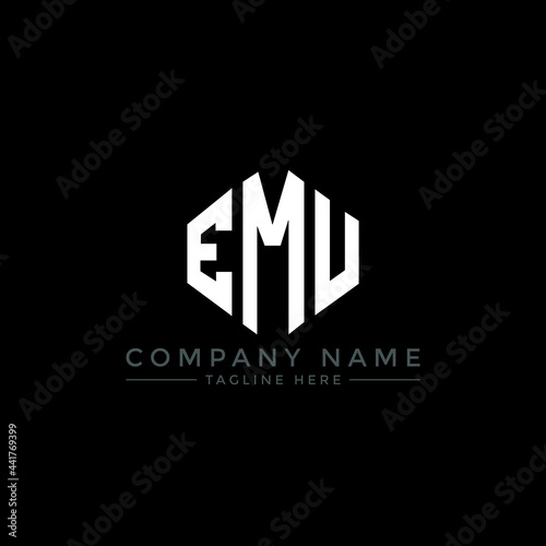 EMU letter logo design with polygon shape. EMU polygon logo monogram. EMU cube logo design. EMU hexagon vector logo template white and black colors. EMU monogram, EMU business and real estate logo. 