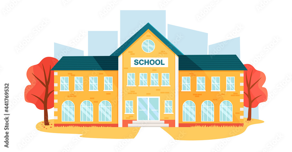 School building in the autumn landscape. Back to school. Education concept. Autumn illustration in flat cartoon style.