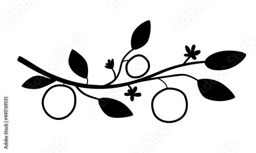 Black line branch with orange and flowers. Flat design for metal wall art or t-shirt printing. Vector illustration