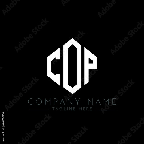 COP letter logo design with polygon shape. COP polygon logo monogram. COP cube logo design. COP hexagon vector logo template white and black colors. COP monogram, COP business and real estate logo. 