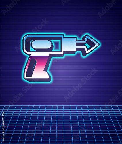 Retro style Fishing harpoon icon isolated futuristic landscape background. Fishery manufacturers for catching fish under water. Diving underwater equipment. 80s fashion party. Vector