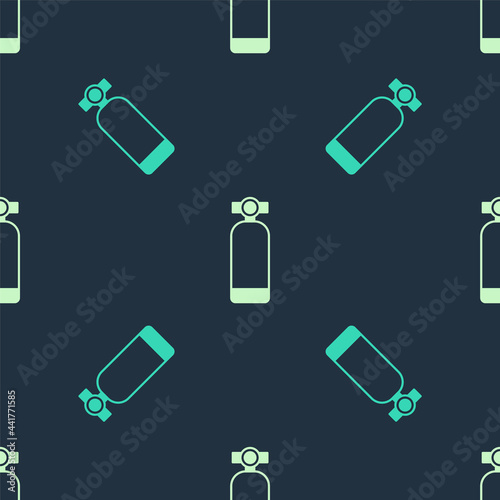Green and beige Aqualung icon isolated seamless pattern on blue background. Oxygen tank for diver. Diving equipment. Extreme sport. Diving underwater equipment. Vector