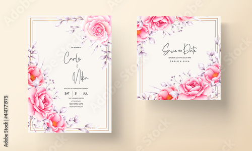 wedding invitation card with hand drawn watercolor flower and leaves arrangement