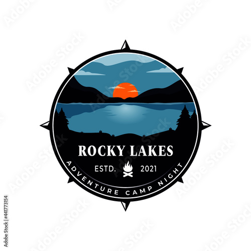 Lake emblems, Mountain labels, mountains emblem badges and outdoors hill travel logo vector