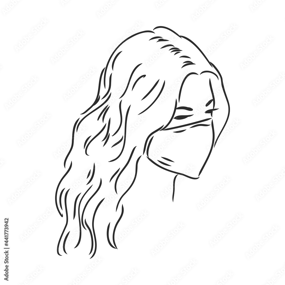 Woman portrait in profile wearing medical face mask, Hand drawn linear illustration, Vector sketch isolated