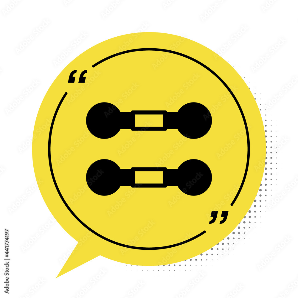 Black Dumbbell icon isolated on white background. Muscle lifting, fitness barbell, sports equipment. Yellow speech bubble symbol. Vector Black Dumbbell icon isolated on white background. Muscle lifting, fitness barbell, sports equipment. Yellow speech bubble symbol. Vector