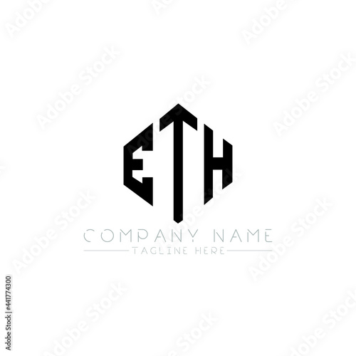 ETH letter logo design with polygon shape. ETH polygon logo monogram. ETH cube logo design. ETH hexagon vector logo template white and black colors. ETH monogram, ETH business and real estate logo. 