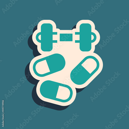 Green Sports doping, anabolic drugs with dumbbell icon isolated on green background. Anabolic steroids tablet. Pills in jar. Long shadow style. Vector