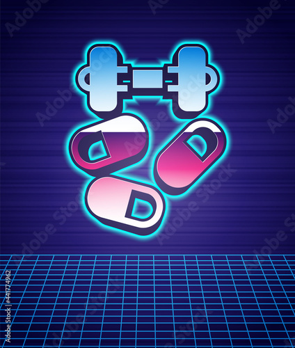 Retro style Sports doping, anabolic drugs with dumbbell icon isolated futuristic landscape background. Anabolic steroids tablet. Pills in jar. 80s fashion party. Vector