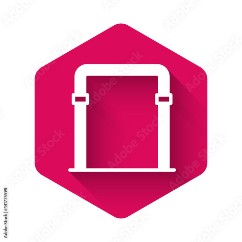 White Sport horizontal bar icon isolated with long shadow background. Pink hexagon button. Vector