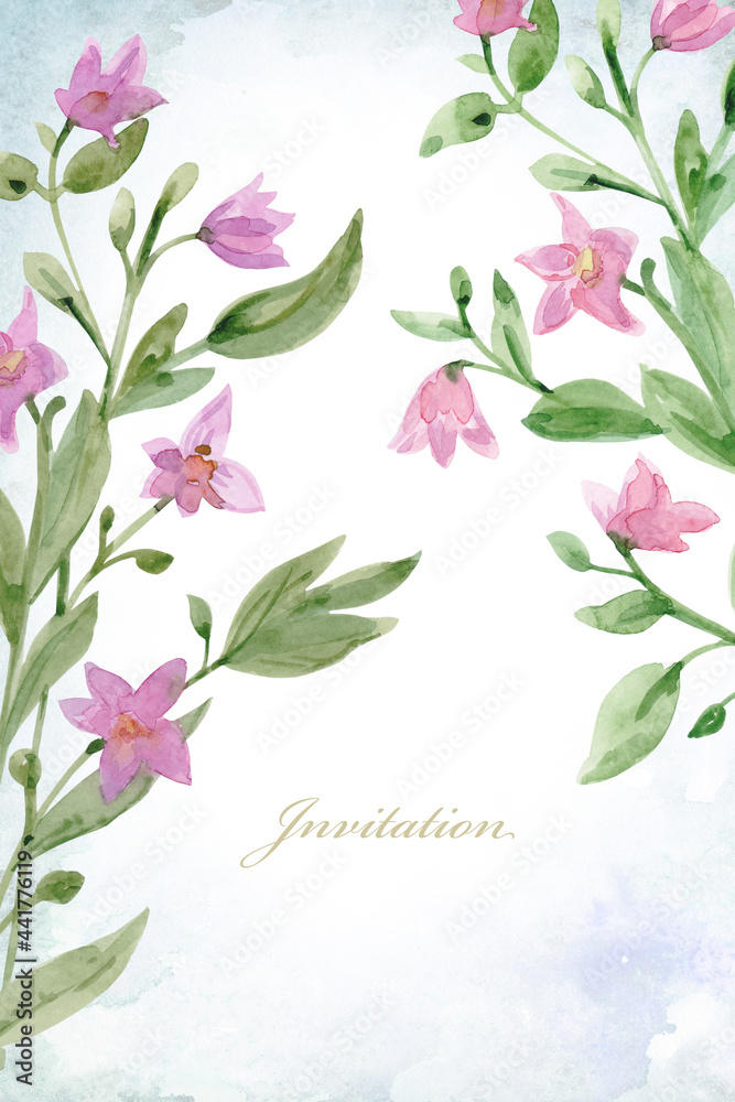 invitation card with frame of simple sketching of graceful meadow flowers. watercolor painting invitation card with frame of simple sketching of graceful meadow flowers. watercolor painting