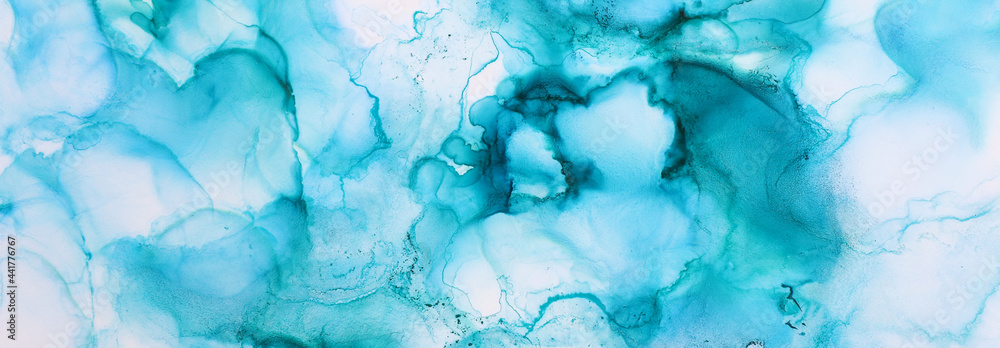 art photography of abstract fluid painting with alcohol ink, blue colors - obrazy, fototapety, plakaty 