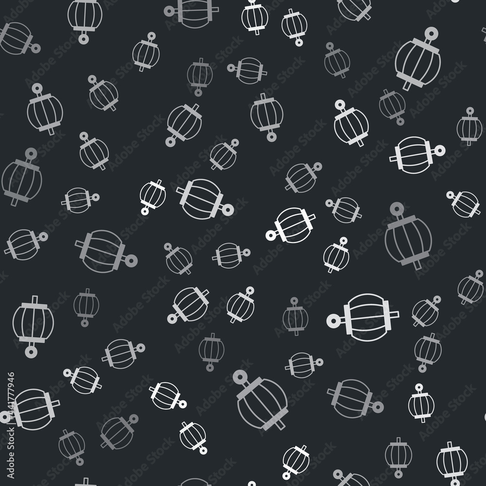 Grey Korean paper lantern icon isolated seamless pattern on black background. Vector Grey Korean paper lantern icon isolated seamless pattern on black background. Vector