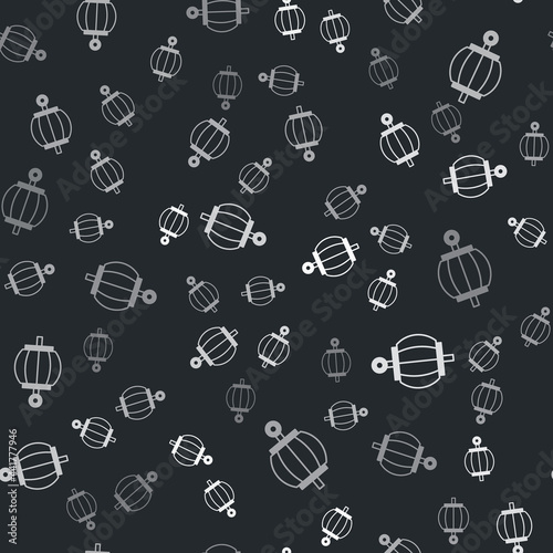 Grey Korean paper lantern icon isolated seamless pattern on black background. Vector