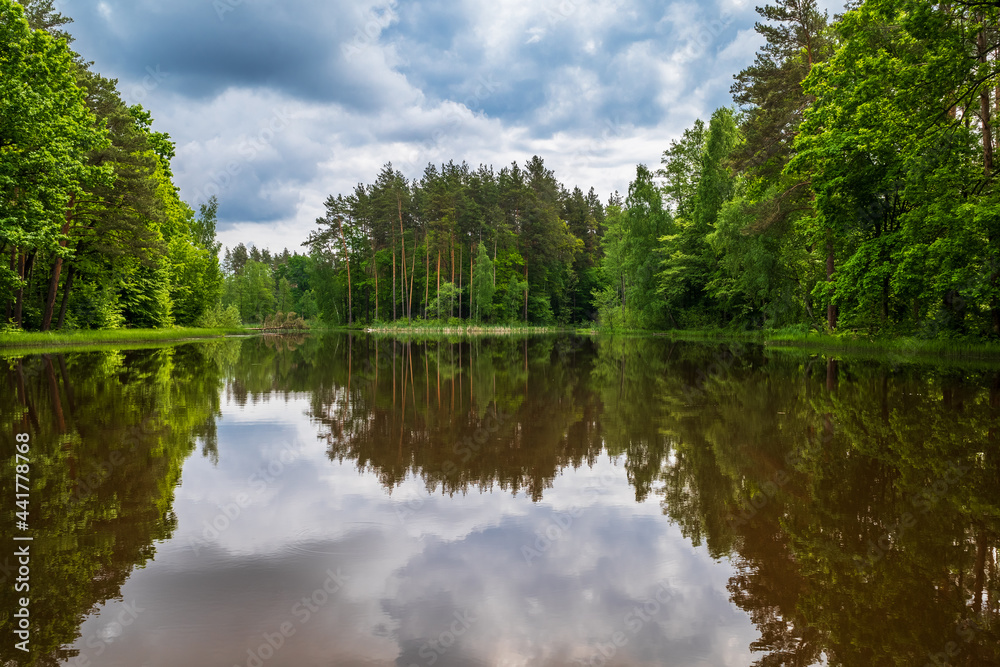 The lake in the forest under storm clouds.