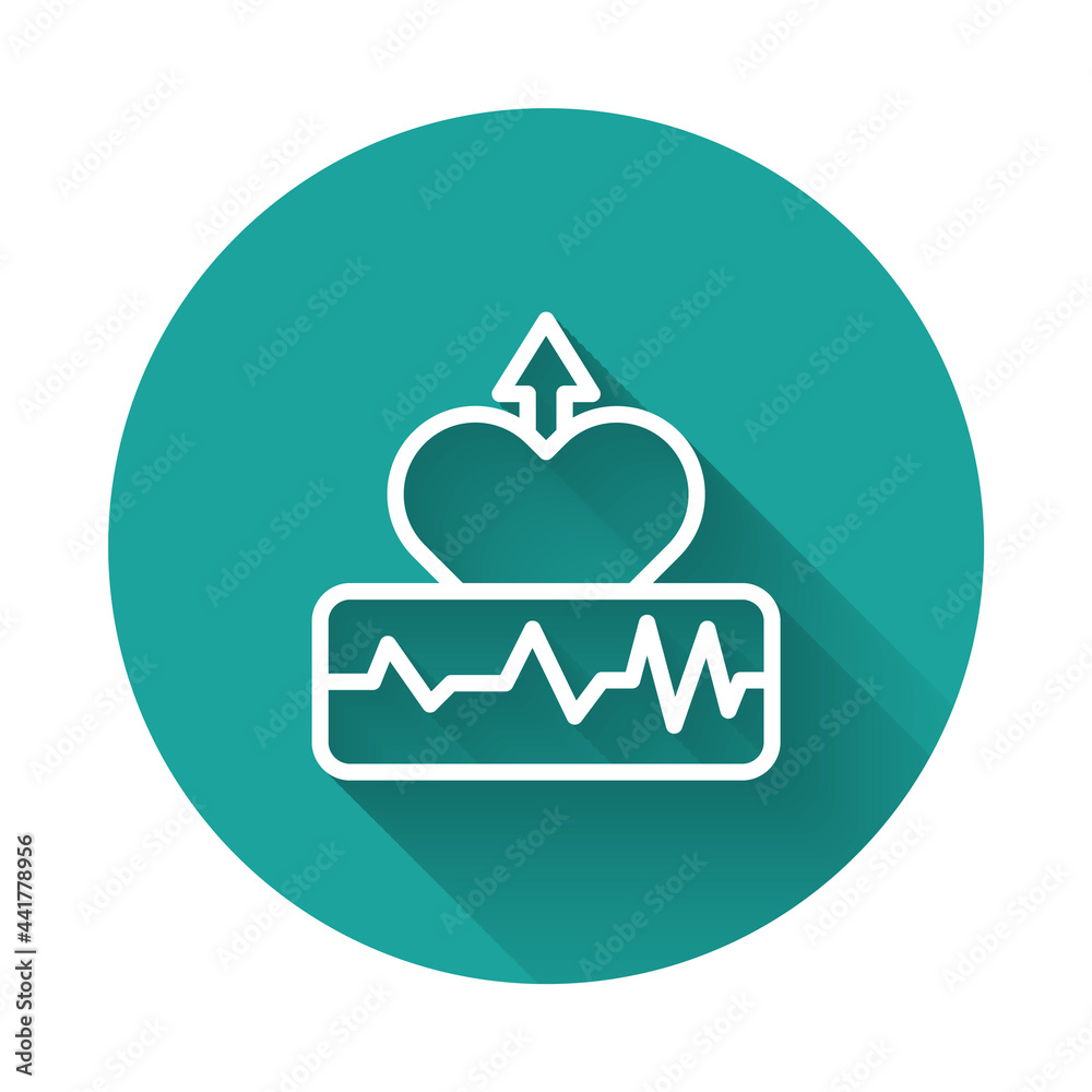 White line Heartbeat increase icon isolated with long shadow background. Increased heart rate. Green circle button. Vector White line Heartbeat increase icon isolated with long shadow background. Increased heart rate. Green circle button. Vector