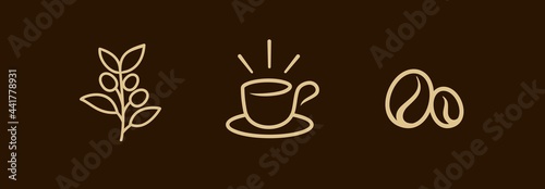 abstract coffee line art logo set, coffee cup, beans and branch wall art design illustration 