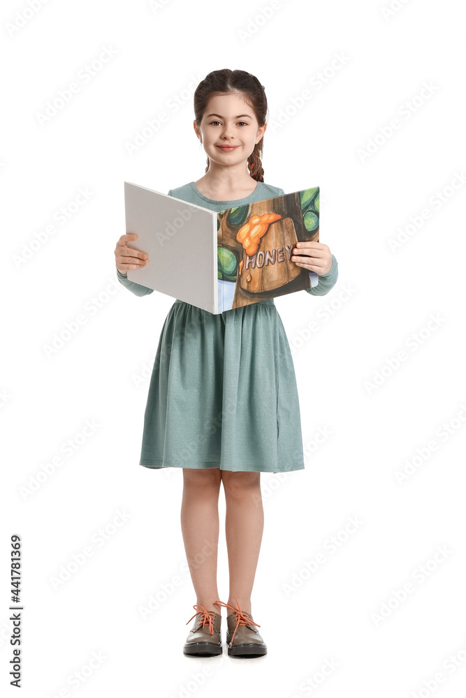 Little girl with book on white background Little girl with book on white background