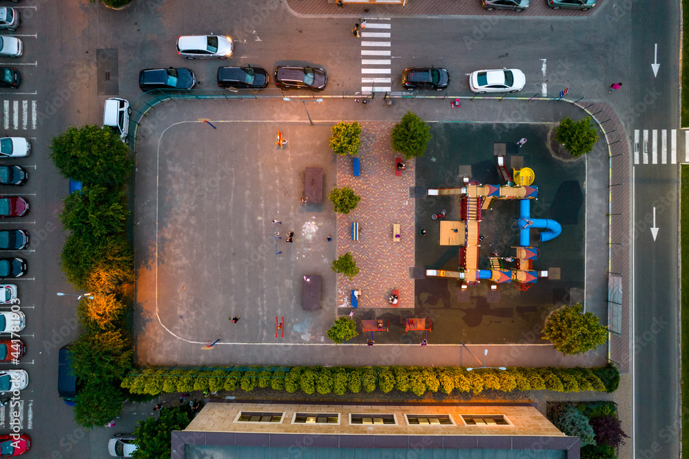 Aerial view of the playground at sunset Aerial view of the playground at sunset