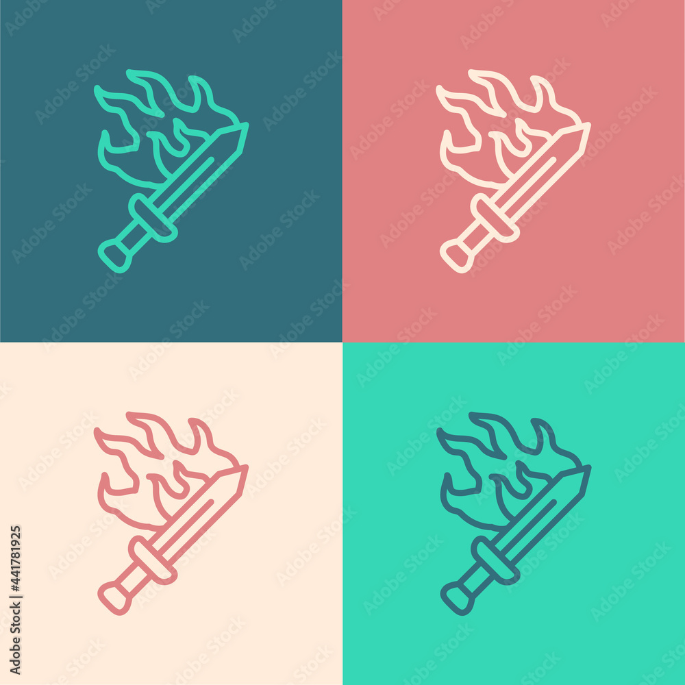 Fototapeta premium Pop art line Sword for game icon isolated on color background. Vector