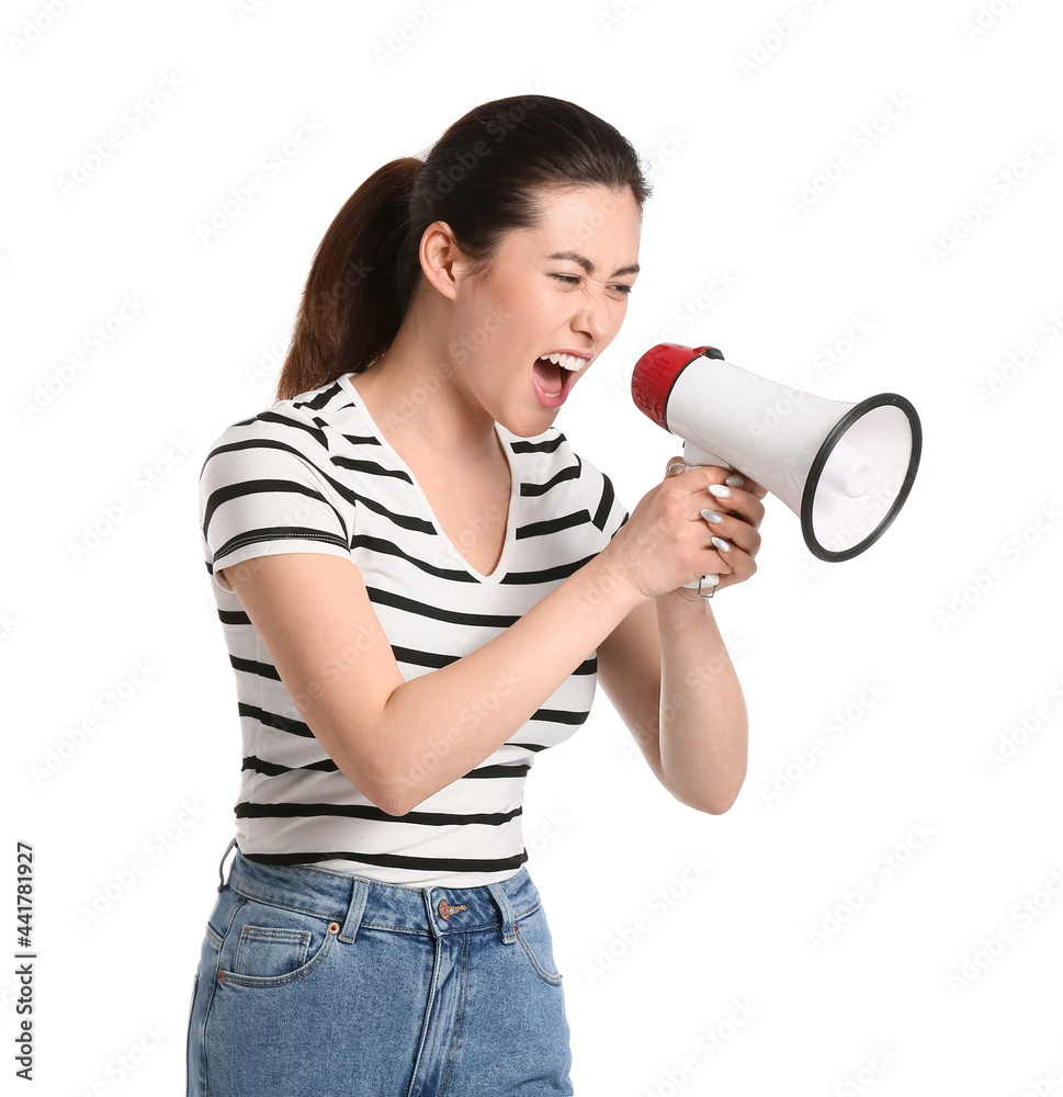 Angry young woman with megaphone on white background Angry young woman with megaphone on white background