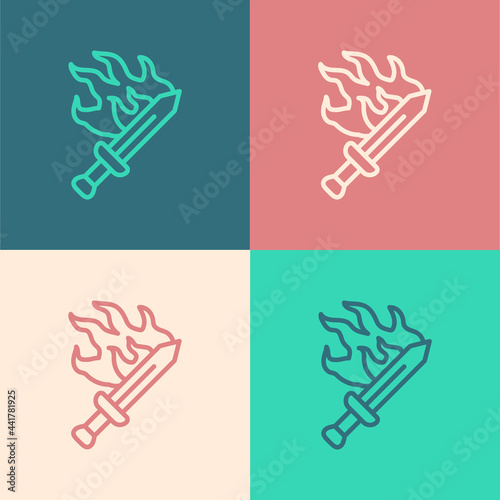 Pop art line Sword for game icon isolated on color background. Vector