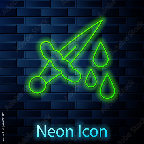 Glowing neon line Sword with blood icon isolated on brick wall background. Medieval weapons knight and soldier. Symbol of murder. Vector