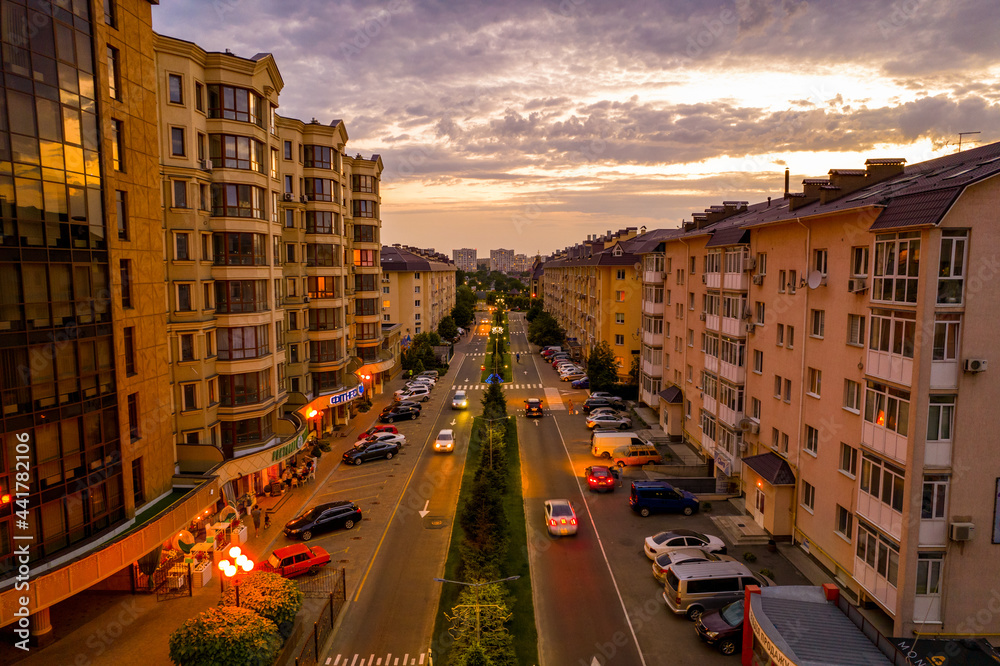 Aerial view of the street at sunset