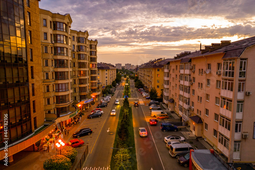 Aerial view of the street at sunset