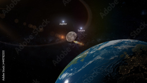 moon meets gas giants jupiter and saturn 3d illustration