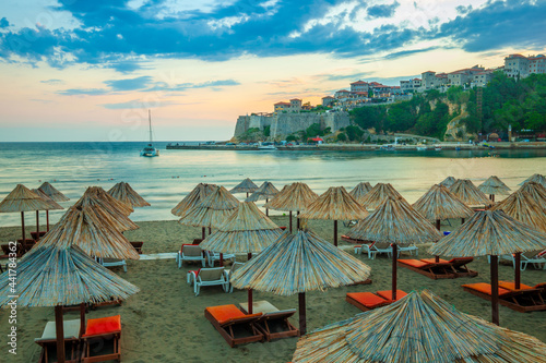 Sunset over the small beach in Ulcinj