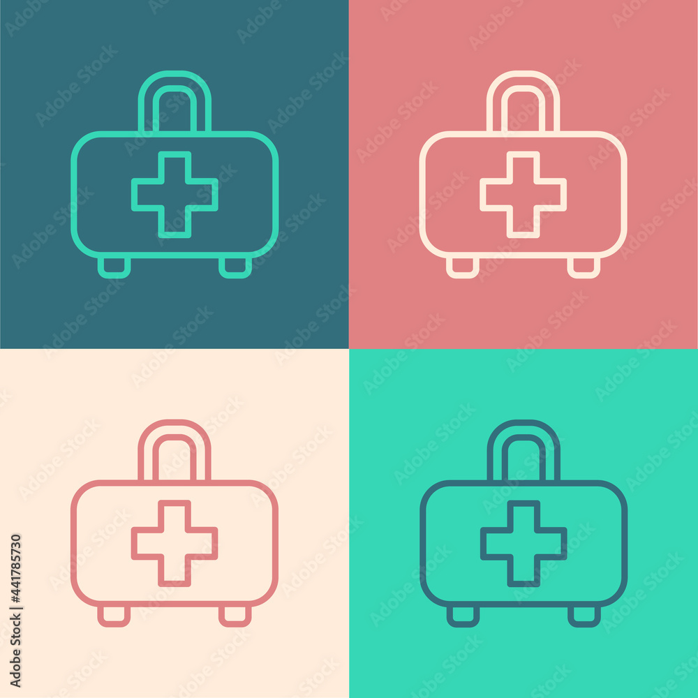 Pop art line First aid kit icon isolated on color background. Medical box with cross. Medical equipment for emergency. Healthcare concept. Vector Pop art line First aid kit icon isolated on color background. Medical box with cross. Medical equipment for emergency. Healthcare concept. Vector