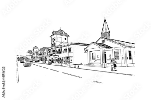 Building view with landmark of George Town is the capital of the Cayman Islands. Hand drawn sketch illustration in vector.