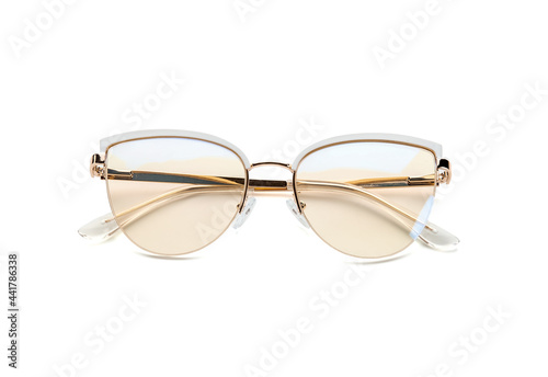 Stylish eyeglasses on white background