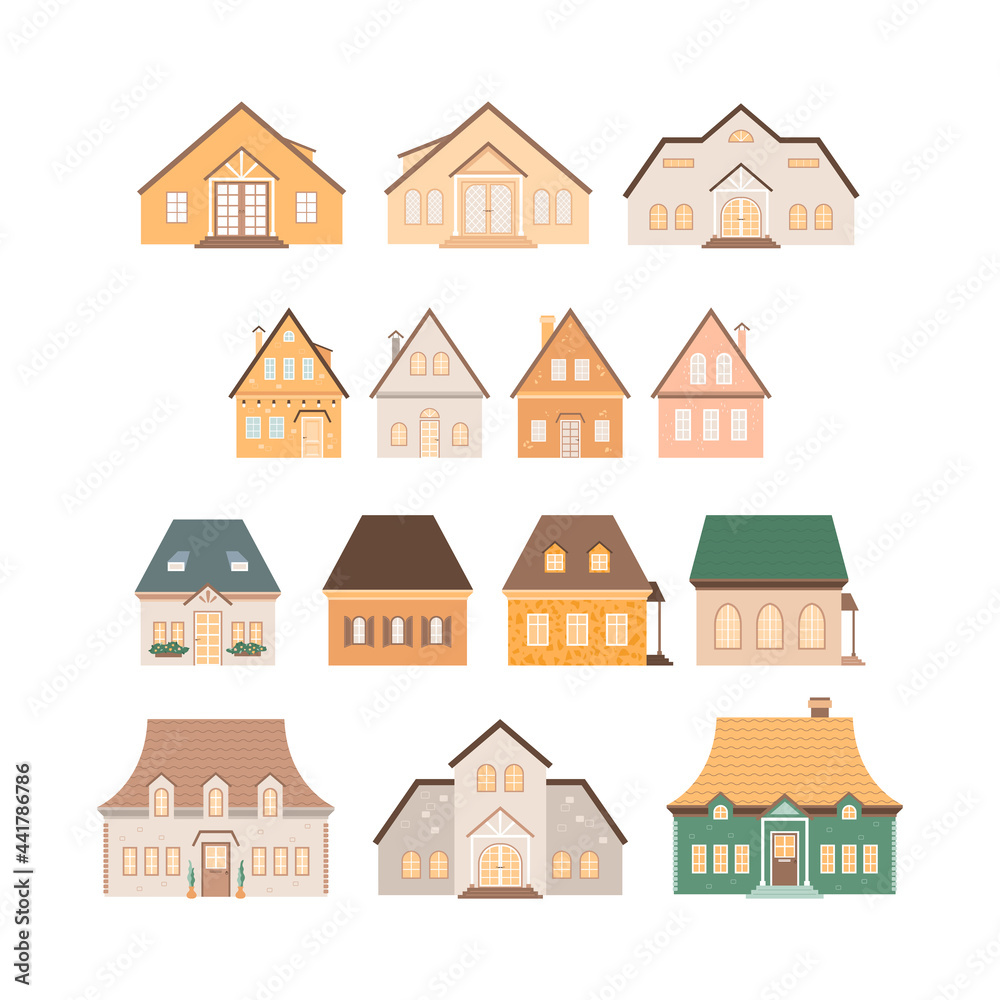 Fototapeta premium Suburban houses set in cartoon style. Isolated cozy home. Elements for real estate, property and ownership concepts. Front view of building, roof, windows