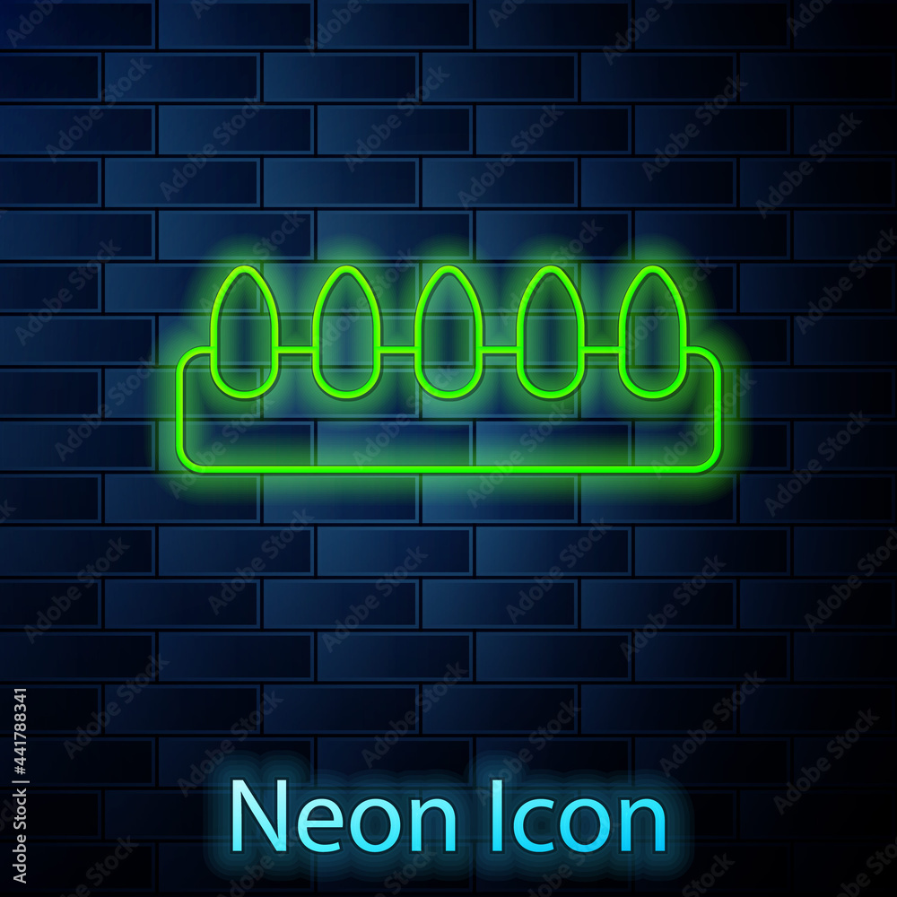 Glowing neon line Set of false nails for manicure icon isolated on brick wall background. Varnish color palette for nail extension. Artificial nails. Vector