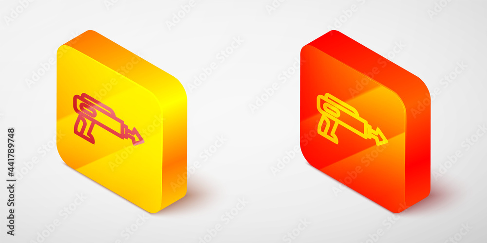 Isometric line Fishing harpoon icon isolated on grey background. Fishery manufacturers for catching fish under water. Diving underwater equipment. Yellow and orange square button. Vector Isometric line Fishing harpoon icon isolated on grey background. Fishery manufacturers for catching fish under water. Diving underwater equipment. Yellow and orange square button. Vector