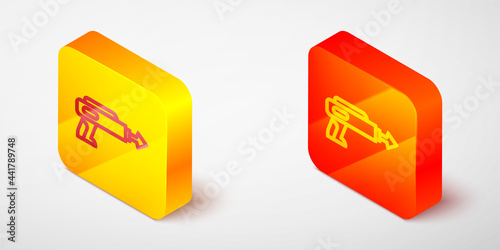 Isometric line Fishing harpoon icon isolated on grey background. Fishery manufacturers for catching fish under water. Diving underwater equipment. Yellow and orange square button. Vector