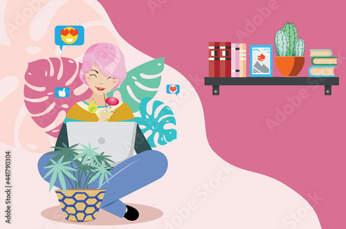 Girl with laptop social media chat