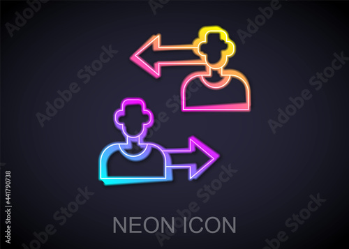 Glowing neon line Substitution football player icon isolated on black background. Players exchange in association soccer. Vector