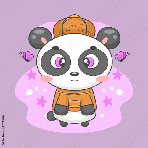 Cute panda in background surrounded by butterflies