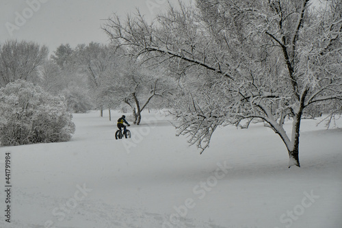  cycling on a Fat bike through a city park of Ottawa with heavy snow falling and covered trees during a winter storm