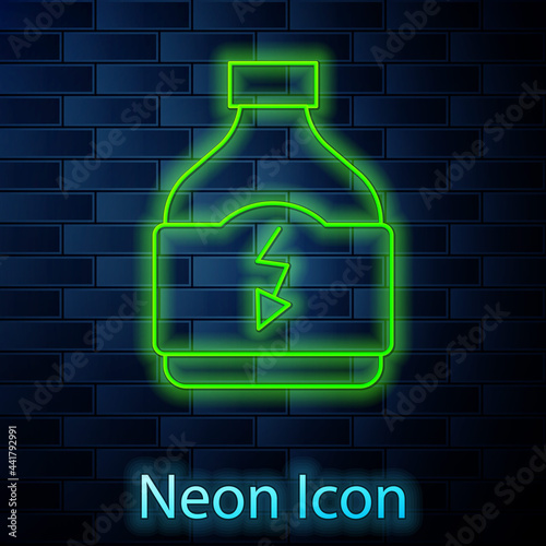 Glowing neon line Sports nutrition bodybuilding proteine power drink and food icon isolated on brick wall background. Vector