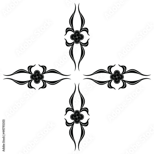 Square floral design. Cross with medieval botanical motifs. Black and white negative silhouette.