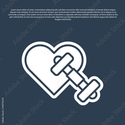 Blue line Dumbbell with heart icon isolated on blue background. Muscle lifting, fitness barbell, sports equipment. Vector