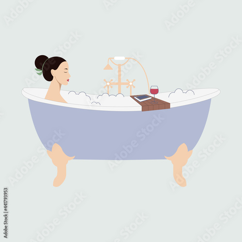 Young woman in bathtub with book and glass of wine. Everyday routine at home. Feminine life, selfcare and home leisure. Flat illustration. Bathroom interior.