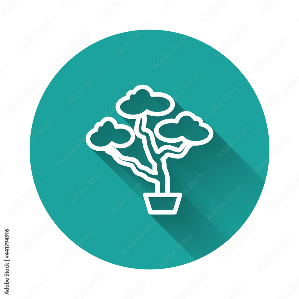 White line Japanese bonsai tree icon isolated with long shadow background. Japanese culture, horticulture, olericulture hobby concept. Green circle button. Vector White line Japanese bonsai tree icon isolated with long shadow background. Japanese culture, horticulture, olericulture hobby concept. Green circle button. Vector