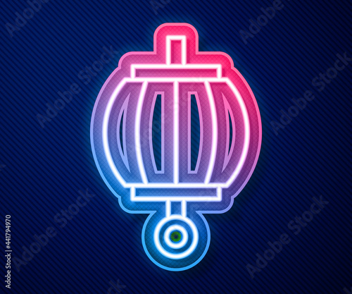 Glowing neon line Korean paper lantern icon isolated on blue background. Vector