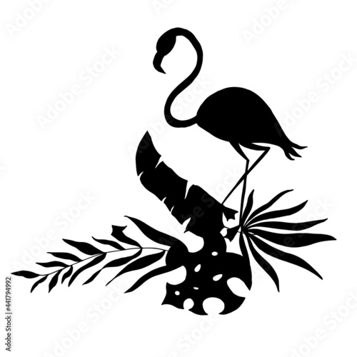 Flamingos in the leaves of tropical palm trees. Black silhouette. Vector illustration.