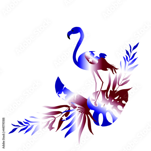Flamingo in the leaves of tropical palm trees. Vector illustration.
